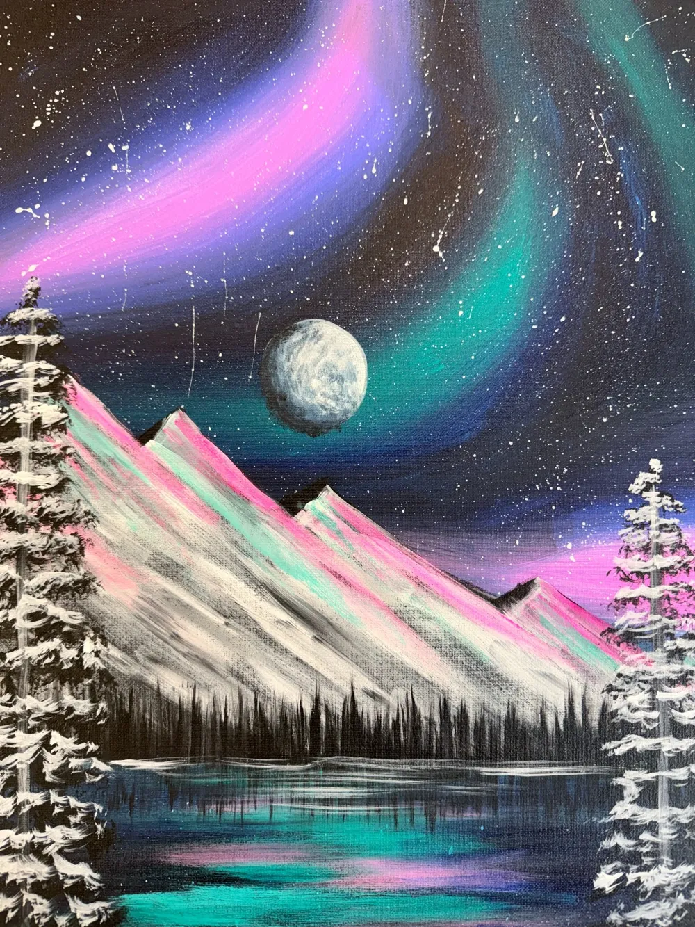 Ready Paint Fire canvas painting of snowy mountains and trees beneath a moon and colorful star-filled sky