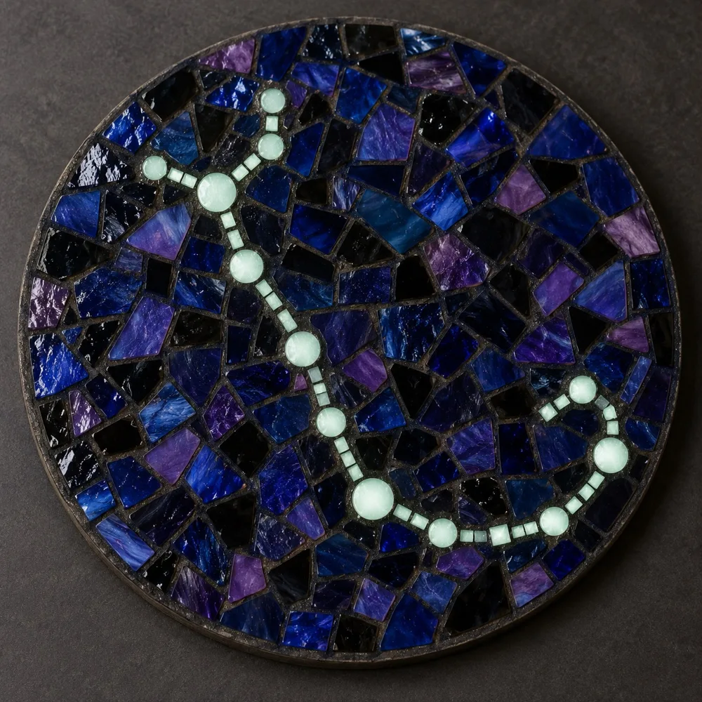 Round glass mosaic with blue and purple pieces and pale glow-in-the-dark stars forming a constellation